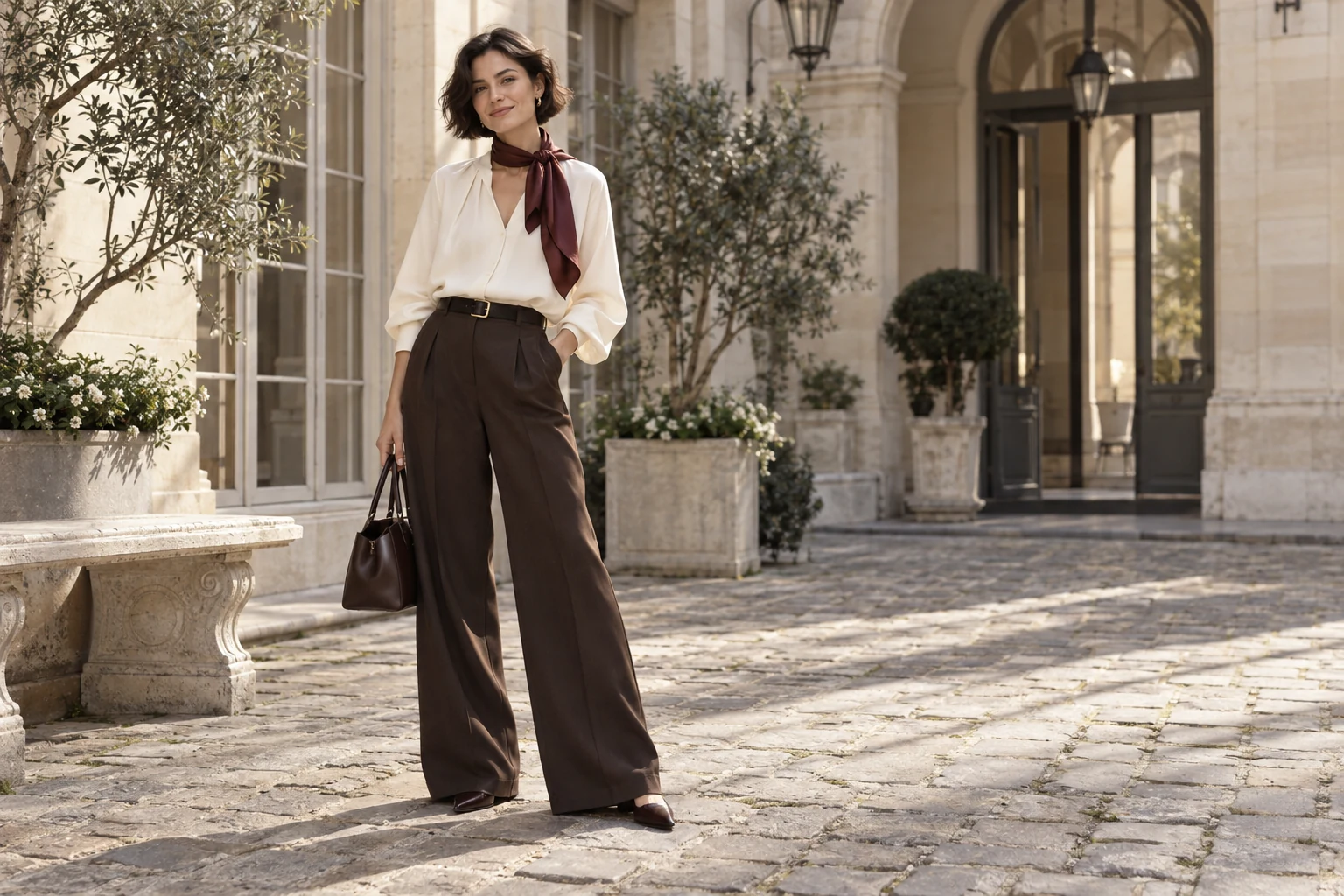 Silhouette éditoriale en chemisier ivoire, foulard bordeaux et pantalon brun dans une cour de pierre claire
