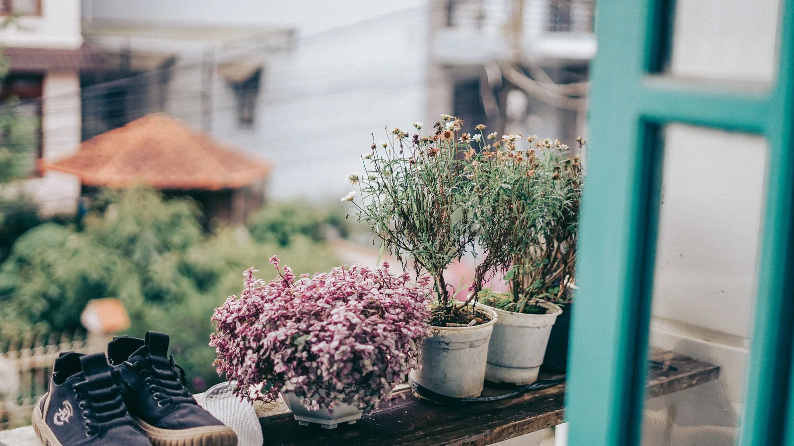 Petit balcon avec table et plantes